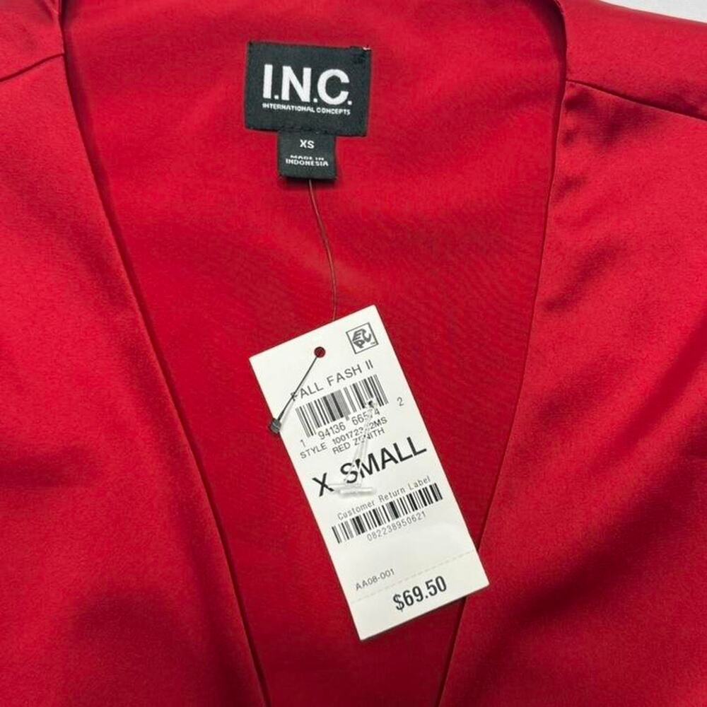 INC Red Satin Wrap Top With Tie + Buckle Detail NWT Size XS Office Siren Classy - Picture 3 of 5